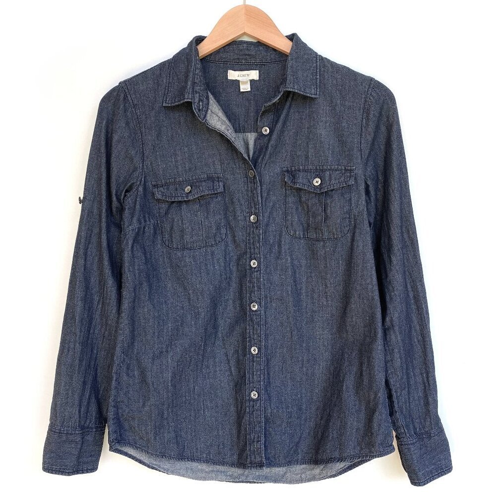 J.Crew Navy Blue Cotton Chambray Roll Tab Shirt 4
